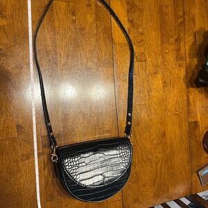 Mango Black Crossbody Bag with Croc-Embossed Detail